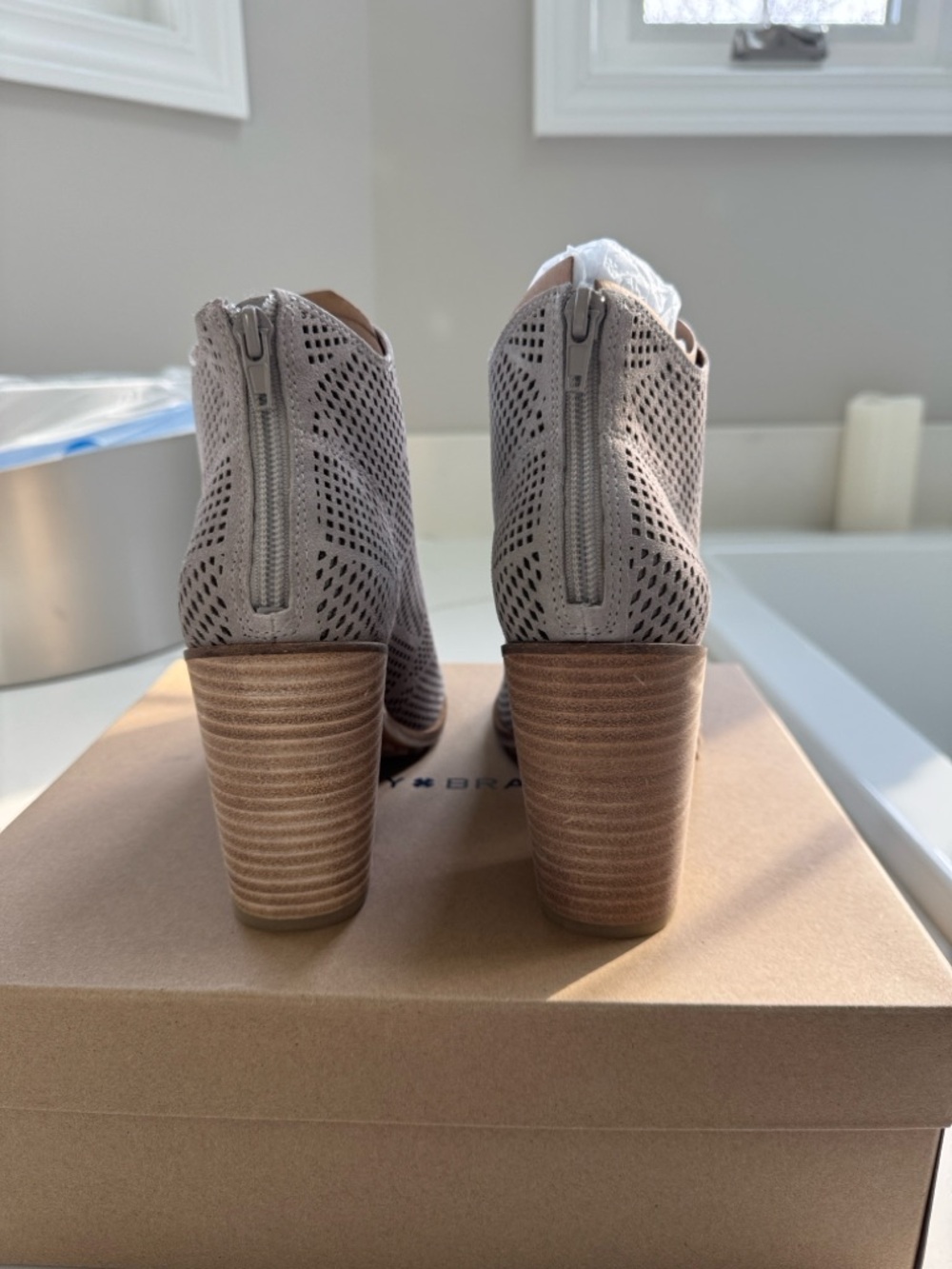 Lucky Brand Taupe Perforated Suede Ankle Booties with Stacked Heel